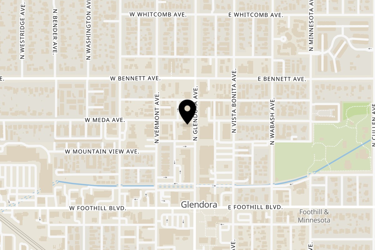 Map showing the location of Frisella's Roastery on 179 N Glendora Ave in Glendora